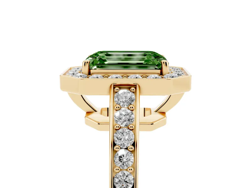 Fancy Green Emerald Cut Diamond Halo Pavé Engagement Ring Set in Yellow gold with Bezel Setting