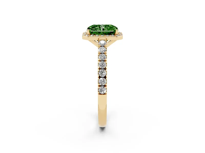Radiant Cut Halo Pavé Engagement Ring Setting for a Fancy Green Lab-Grown Diamond | Yellow Gold