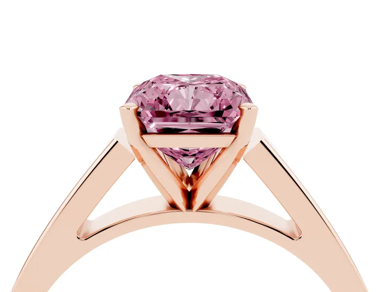 Fancy Pink Radiant Cut Diamond Solitaire Engagement Ring Set in Rose gold with Prong Setting and Tapered Band