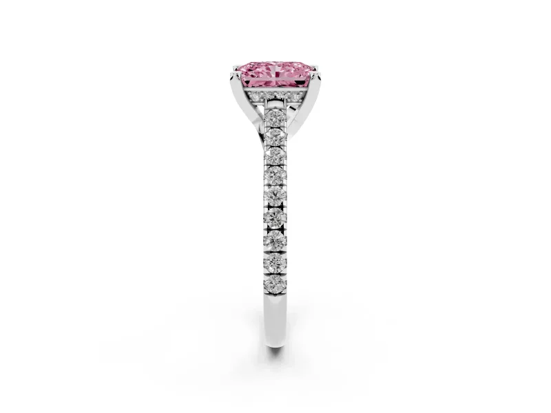 Fancy Pink Radiant Cut Diamond Solitaire Ring Set in Silver with Brilliant Pavé Band and Prong Setting