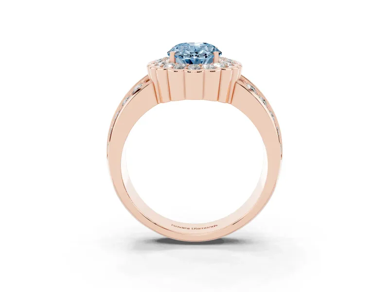 Oval Scalloped Halo Engagement Ring Setting for a Fancy Blue Lab-Grown Diamond | Double Row Band | Rose Gold
