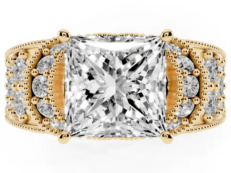 Princess Cut Vintage Milgrain Pave Engagement Ring Setting | Crescent Side Rows | Yellow Gold