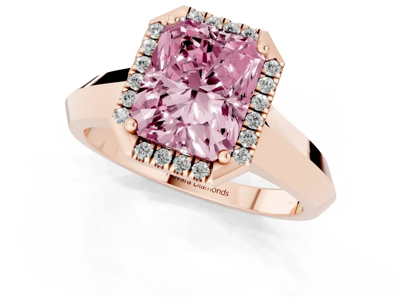 Fancy Pink Radiant Cut Diamond Halo Ring Set in Rose gold with Cathedral Band and Prong Setting