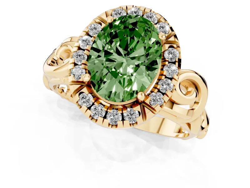 Fancy Green Oval Cut Diamond Halo Ring Set in Yellow gold with Scrollwork Band and Prong Setting