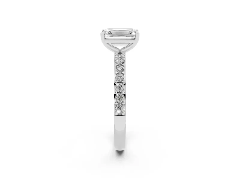 Emerald Cut Diamond Solitaire Set in White gold with Round Pavé Band and Prong Setting