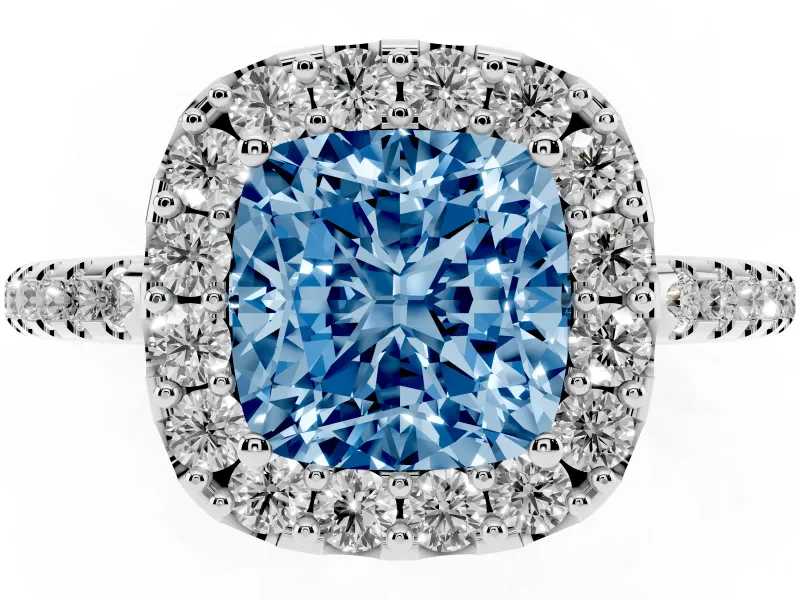 Cushion Cut Pave Halo Engagement Ring Setting for a Fancy Blue Lab-Grown Diamond | Pave Band | Platinum
