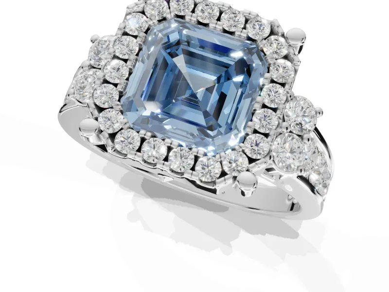 Asscher Cut Halo Engagement Ring Setting for a Fancy Blue Lab-Grown Diamond | Graduated Channel Band | Sterling Silver