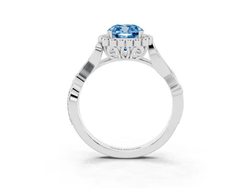 Cushion Cut Leaf Halo Engagement Ring Setting for a Fancy Blue Lab-Grown Diamond | Platinum