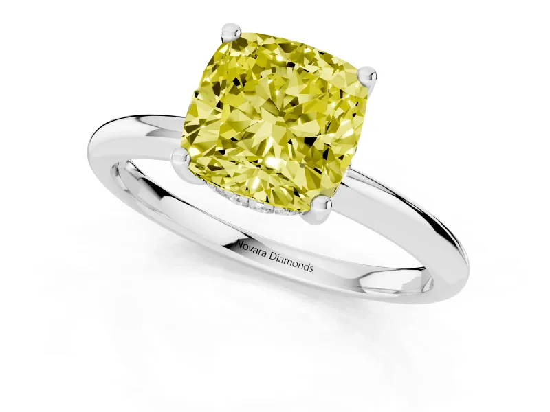 Fancy Yellow Cushion Cut Diamond Solitaire Engagement Ring Set in Silver with Prong Setting and Polished Band