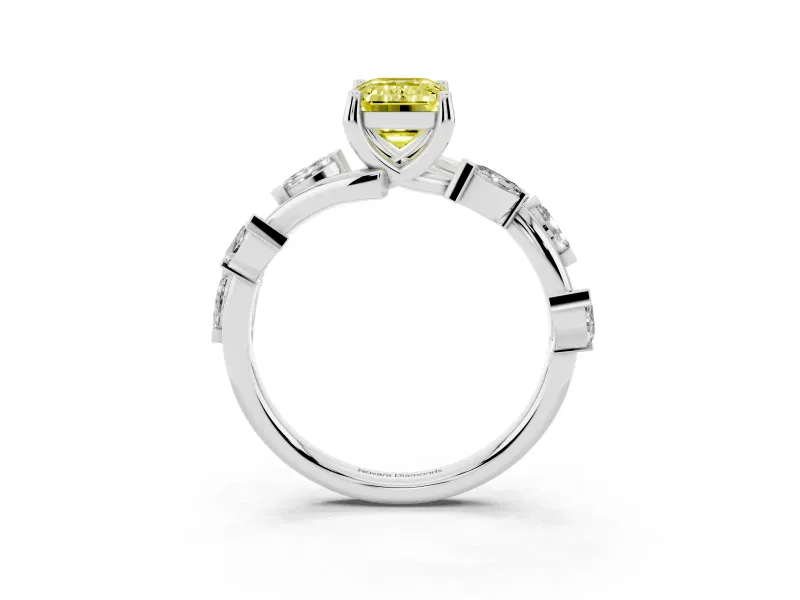 Fancy Yellow Emerald Cut Diamond Solitaire Ring Set in White gold with Twisted Marquise Accent Band