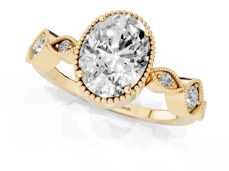 Oval Vintage Milgrain Engagement Ring Setting | Marquise and Square Stations | Yellow Gold