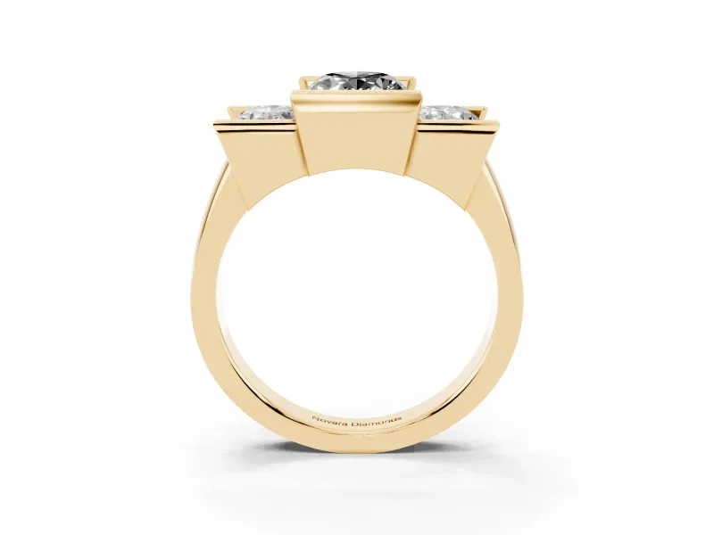 Fancy Black Oval Cut Diamond Three-Stone Channel Set Ring Set in Yellow gold with Smooth Polished Band
