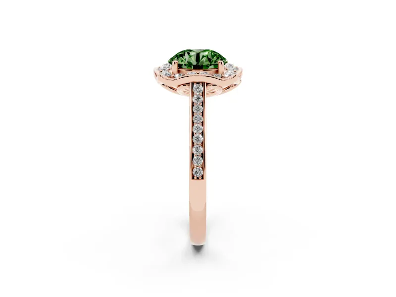 Round Halo Engagement Ring Setting for a Fancy Green Lab-Grown Diamond | Petal Tips | Rose Gold