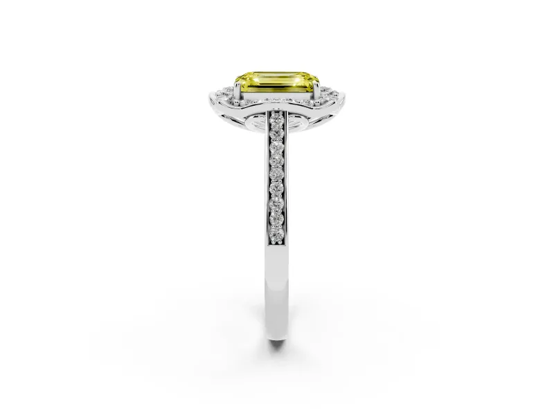 Emerald Cut Petal Tip Halo Engagement Ring Setting for a Fancy Yellow Lab-Grown Diamond | Pavé Band | Platinum
