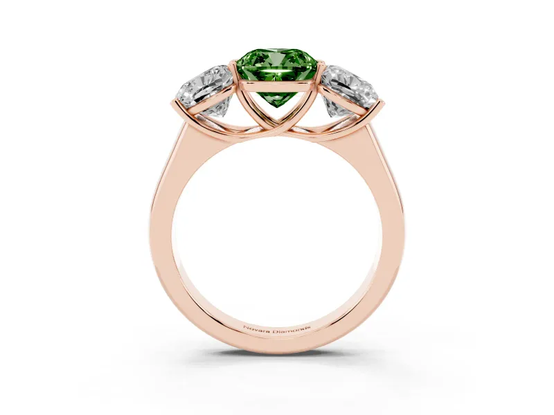 Cushion Cut Three Stone Engagement Ring Setting for a Fancy Green Lab-Grown Diamond | Basket Prong Heads | Rose Gold