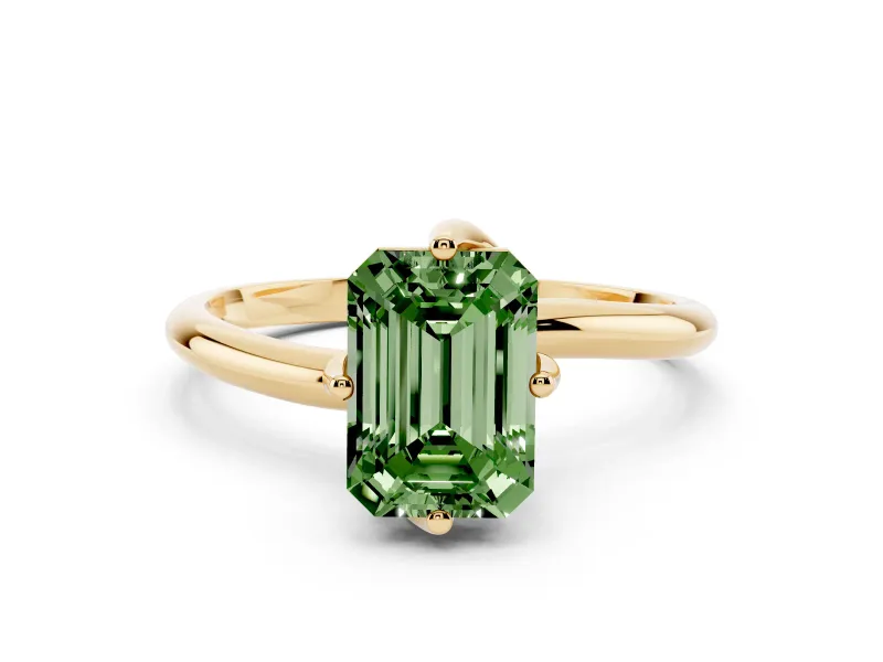 Fancy Green Emerald Cut Diamond Solitaire Engagement Ring Set in Yellow gold with Classic Plain Band