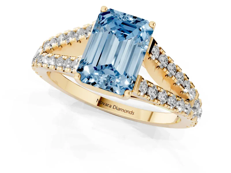Emerald Cut Graduated Split Shank Engagement Ring Setting for a Fancy Blue Lab-Grown Diamond | Yellow Gold