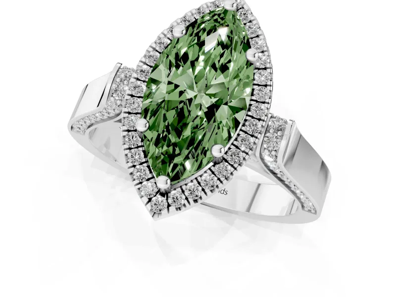 Fancy Green Marquise Cut Diamond Halo Ring Set in Silver with Pavé-Lined Split Shank Band