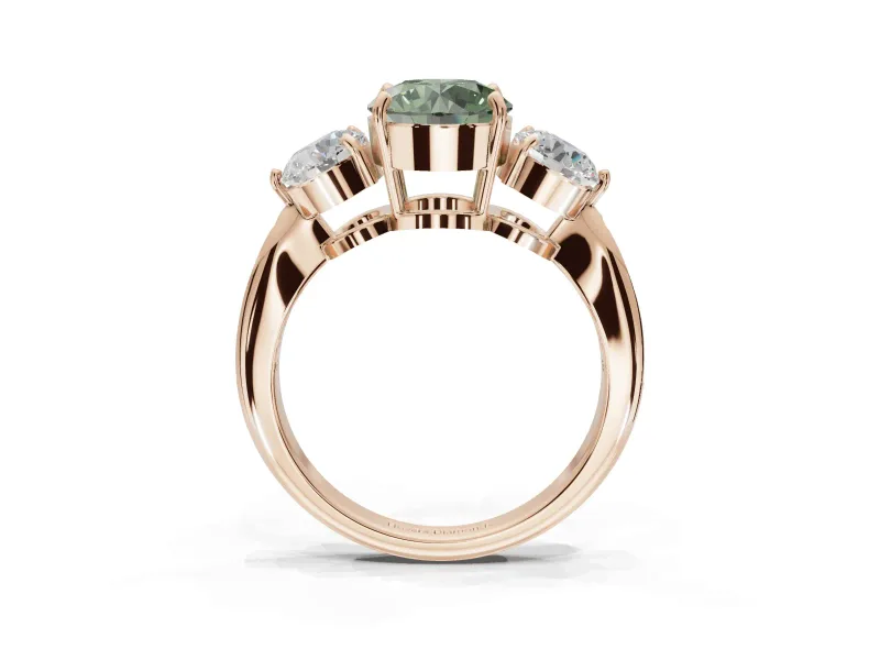 Round Three Stone Engagement Ring Setting for a Fancy Green Lab-Grown Diamond | Tapered Pave Band | Rose Gold