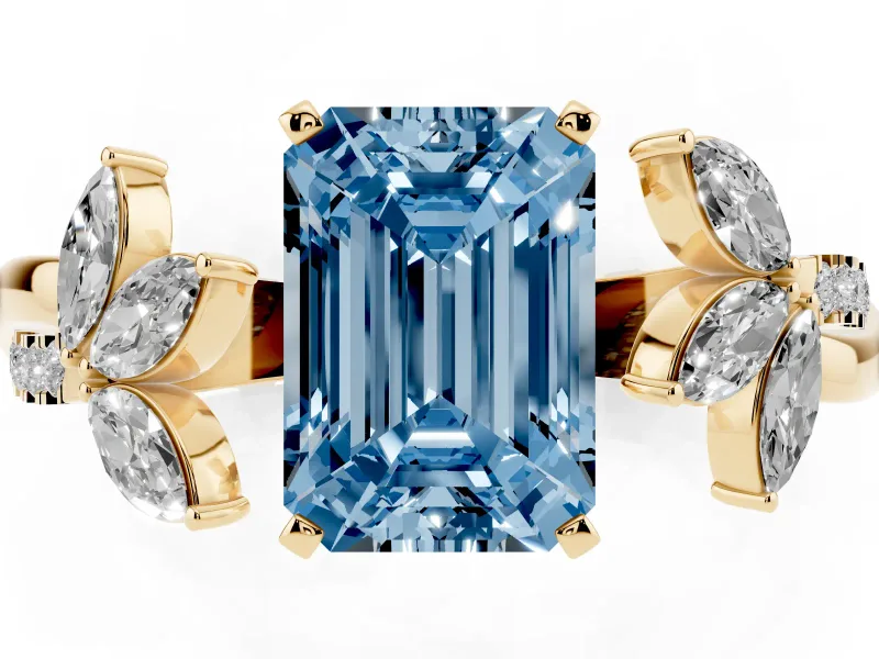 Emerald Cut Floral Vine Engagement Ring Setting for a Fancy Blue Lab-Grown Diamond | Yellow Gold