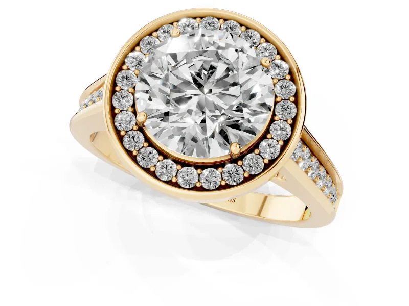 Round Cut Diamond Halo Solitaire Ring Set in Yellow gold with Pavé Band and Bezel Setting