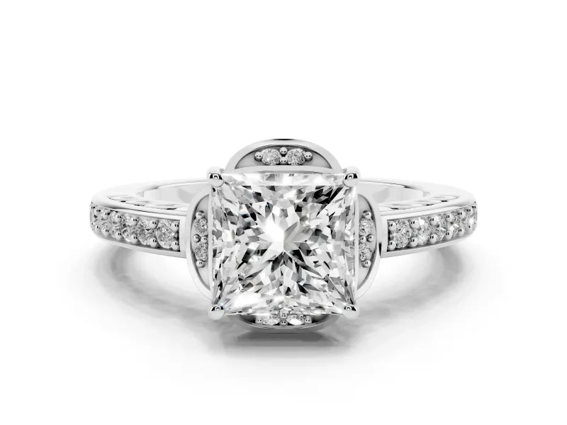 Princess Cut Diamond Halo Ring Set in White gold with Channel Set Band and Prong Setting