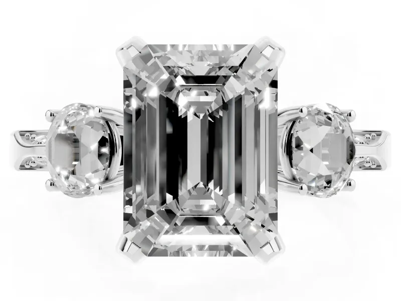 Emerald Cut Hidden Halo Three Stone Engagement Ring Setting for a Fancy Yellow Lab-Grown Diamond | Sterling Silver