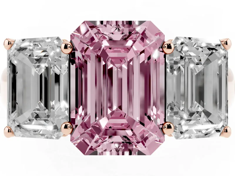 Emerald Cut Three Stone Engagement Ring Setting for a Fancy Pink Lab-Grown Diamond | Basket Prong Heads | Rose Gold