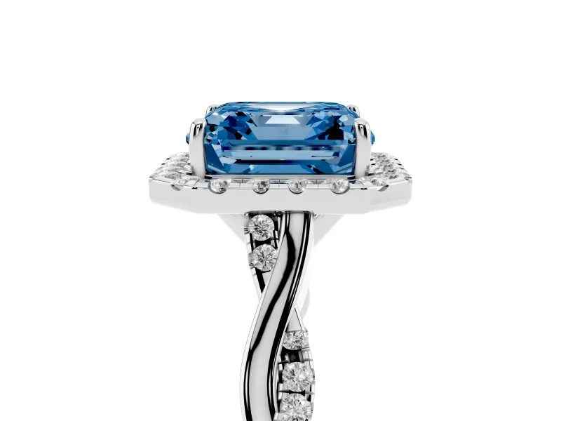 Asscher Cut Twist Halo Engagement Ring Setting for a Fancy Blue Lab-Grown Diamond | White Gold