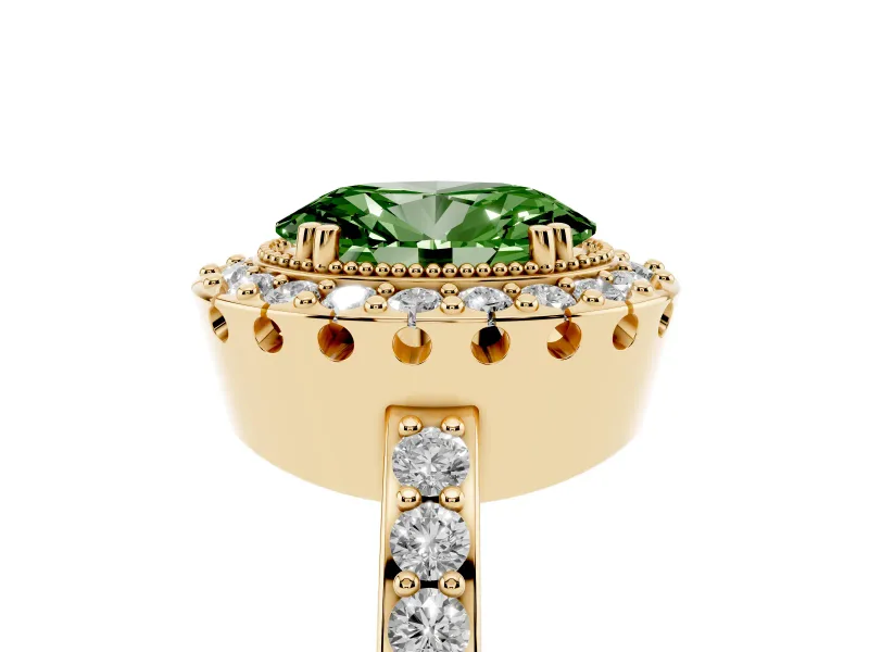 Oval Vintage Milgrain Halo Engagement Ring Setting for a Fancy Green Lab-Grown Diamond | Pierced Gallery | Yellow Gold