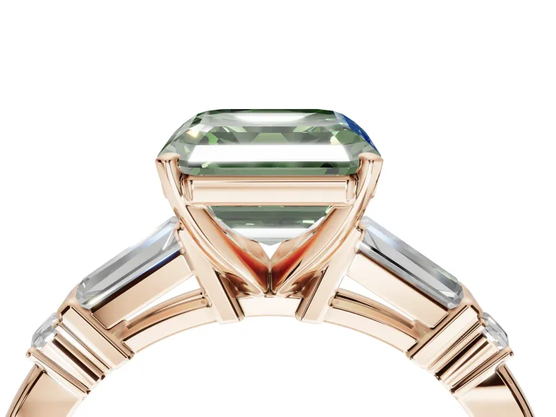Asscher Cut Tapered Baguette Engagement Ring Setting for a Fancy Green Lab-Grown Diamond | Rose Gold