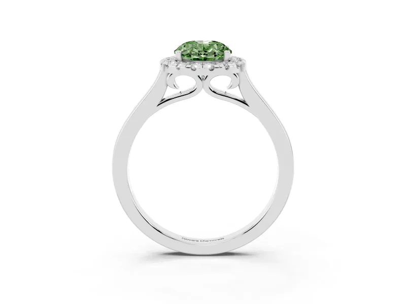 Fancy Green Oval Cut Halo Round Diamond Solitaire Ring Set in Silver with Pavé Band and Prong Setting