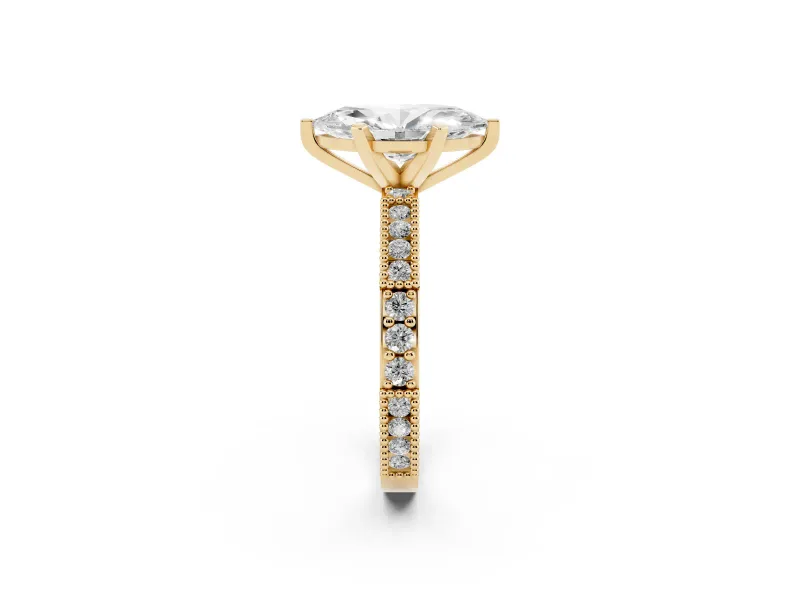 Marquise Vintage Pavé Solitaire Engagement Ring Setting | Milgrain Edges | Yellow Gold
