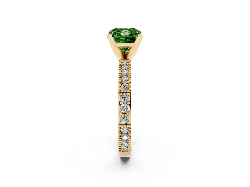 Princess Cut Vintage Pavé Engagement Ring Setting for a Fancy Green Lab-Grown Diamond | Yellow Gold
