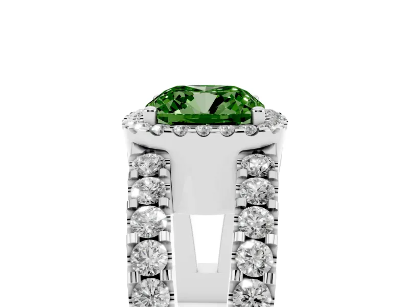 Fancy Green Cushion Cut Diamond Halo Ring Set in Platinum with Pavé Split Shank and Prong Setting