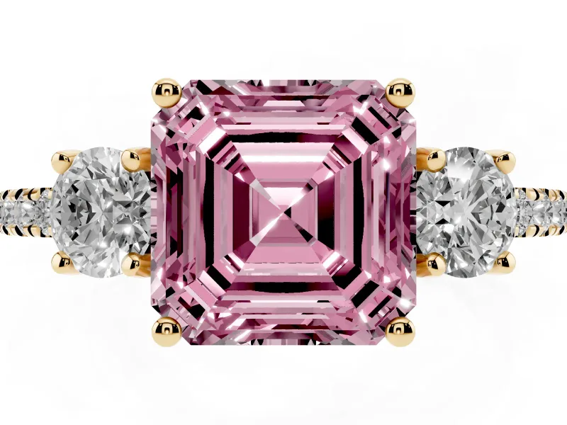 Asscher Cut Three Stone Engagement Ring Setting for a Fancy Pink Lab-Grown Diamond | Pave Shoulders | Yellow Gold