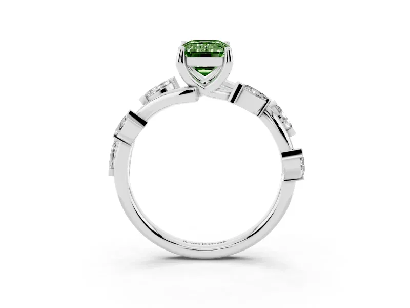 Fancy Green Emerald Cut Diamond Solitaire Ring Set in Platinum with Twisted Marquise Accent Band