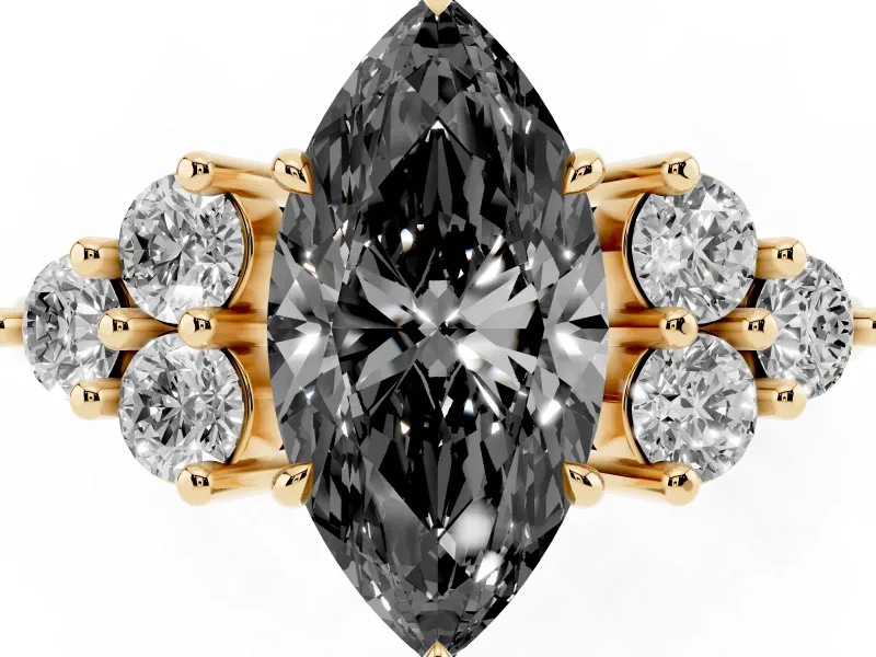 Marquise Cluster Side Stone Engagement Ring Setting for a Black Center | Plain Band | Yellow Gold