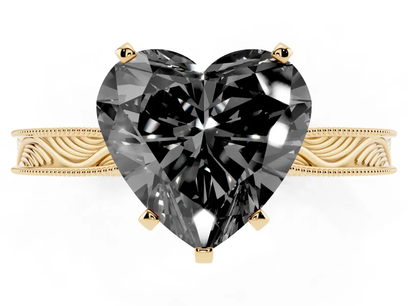 Fancy Black Heart Cut Diamond Solitaire Milgrain Engraved Band Set in Yellow gold with Prong Setting