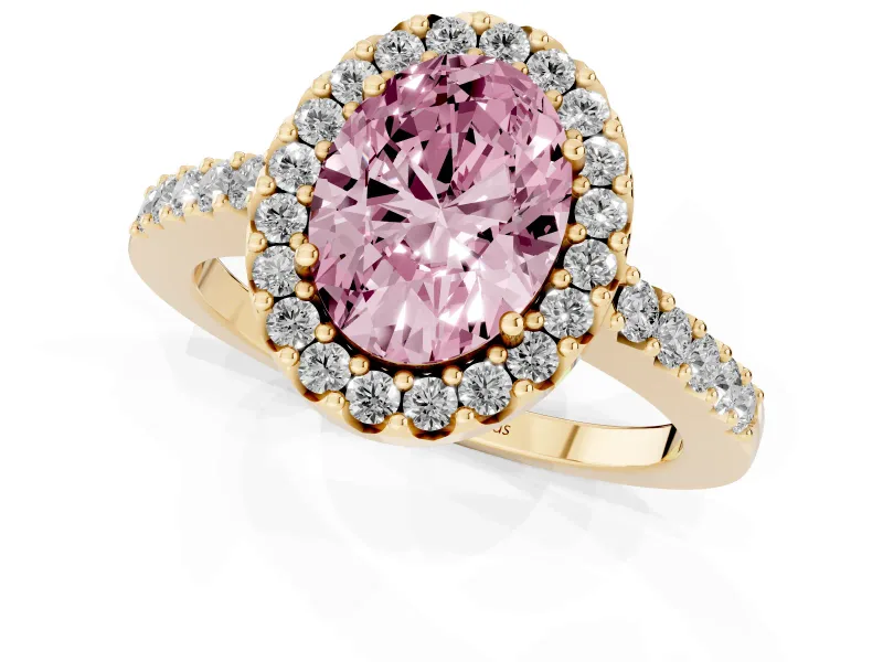Fancy Pink Oval Cut Diamond Halo Pavé Solitaire Ring Set in Yellow gold with Prong-Set Center Stone