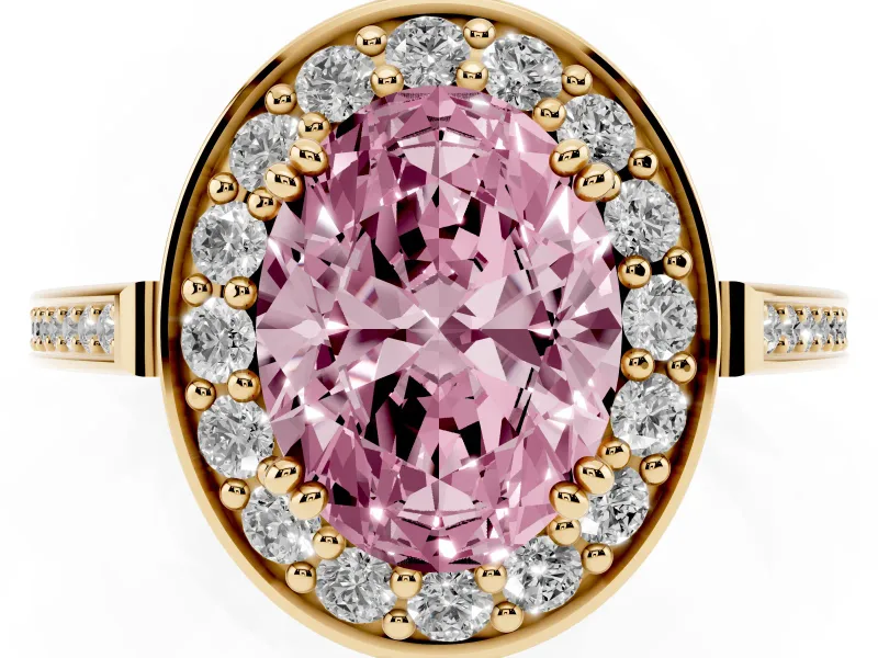 Oval Halo Engagement Ring Setting for a Fancy Pink Lab-Grown Diamond | Polished Halo Rim | Yellow Gold