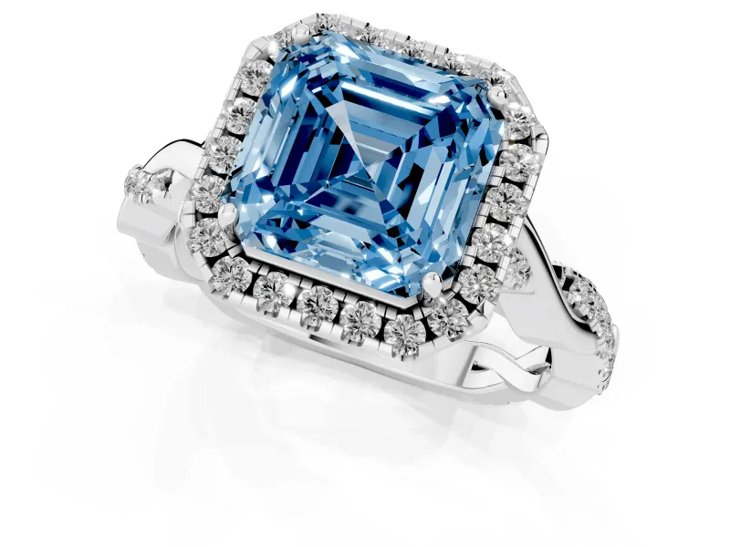Asscher Cut Twist Halo Engagement Ring Setting for a Fancy Blue Lab-Grown Diamond | White Gold