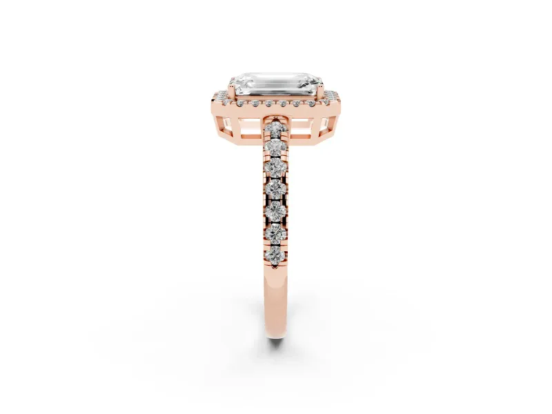 Emerald Cut Halo Engagement Ring Setting | Graduated Pavé Band | Rose Gold