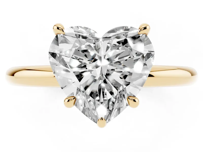 Heart Cut Diamond Solitaire Ring Set in Yellow gold with Thin Band and Prong Setting