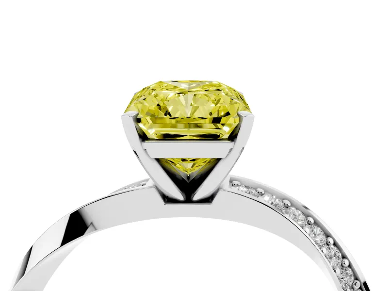 Fancy Yellow Radiant Cut Diamond Engagement Ring Set in White gold with Side Stone Accents and Prong Setting