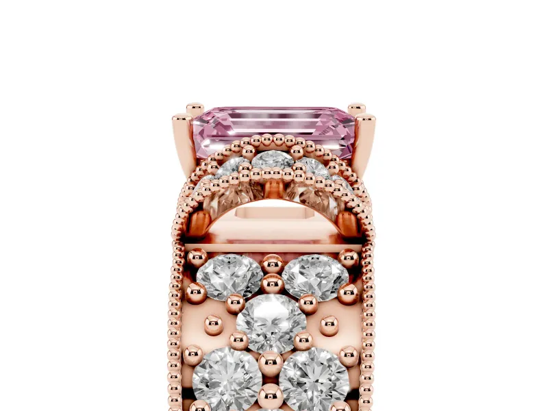 Emerald Cut Vintage Pave Engagement Ring Setting for a Fancy Pink Lab-Grown Diamond | Milgrain Edges | Rose Gold