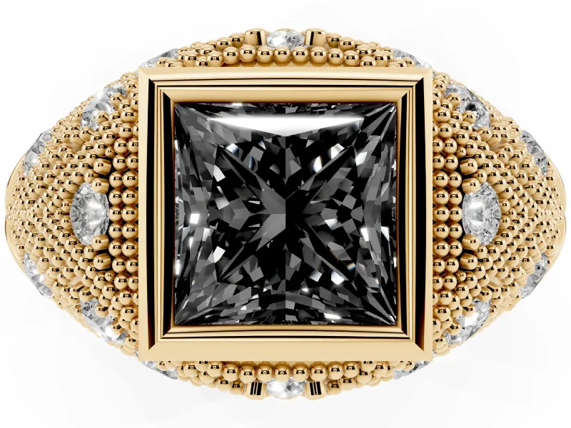 Fancy Black Princess Cut Diamond Bezel Ring Set in Yellow gold with Milgrain Accent Band
