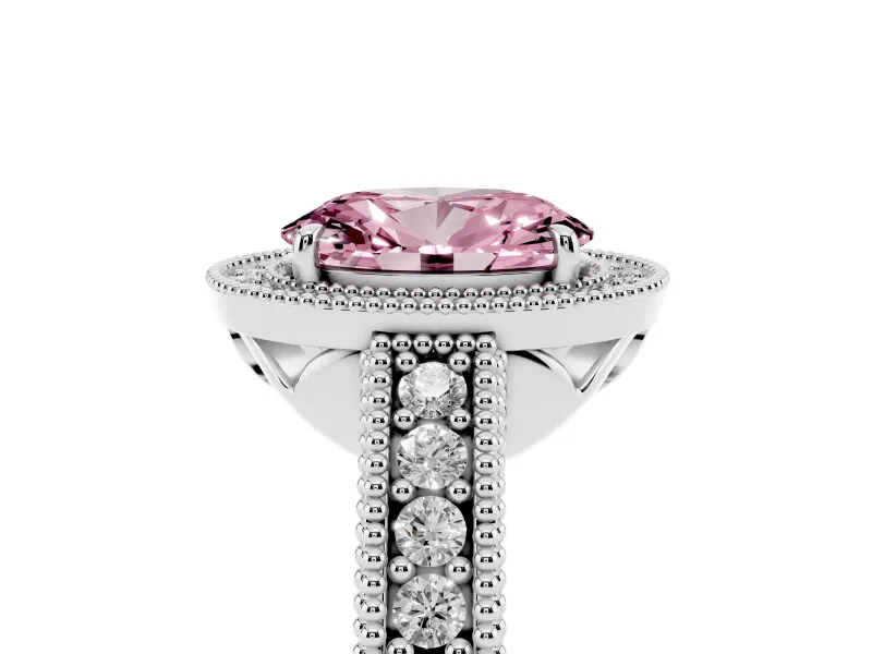 Fancy Pink Oval Cut Diamond Halo Ring Set in White gold with Round Accent Halo, Pavé Band and Prong Setting