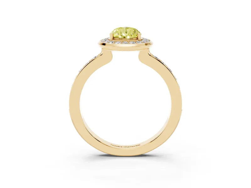 Pear-Shaped Bezel-Rim Halo Engagement Ring Setting for a Fancy Yellow Lab-Grown Diamond | Pave Band | Yellow Gold
