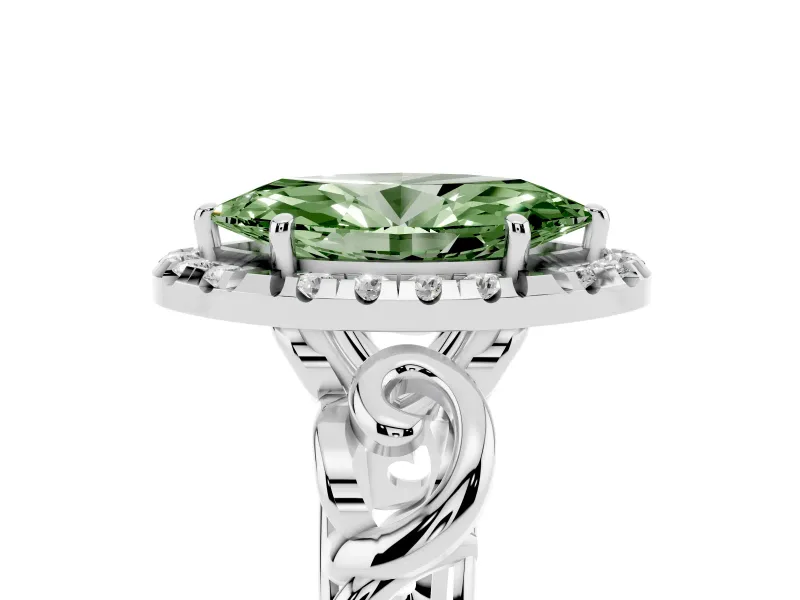 Fancy Green Marquise Cut Diamond Halo Ring Set in Platinum with Scrollwork Band and Prong Setting